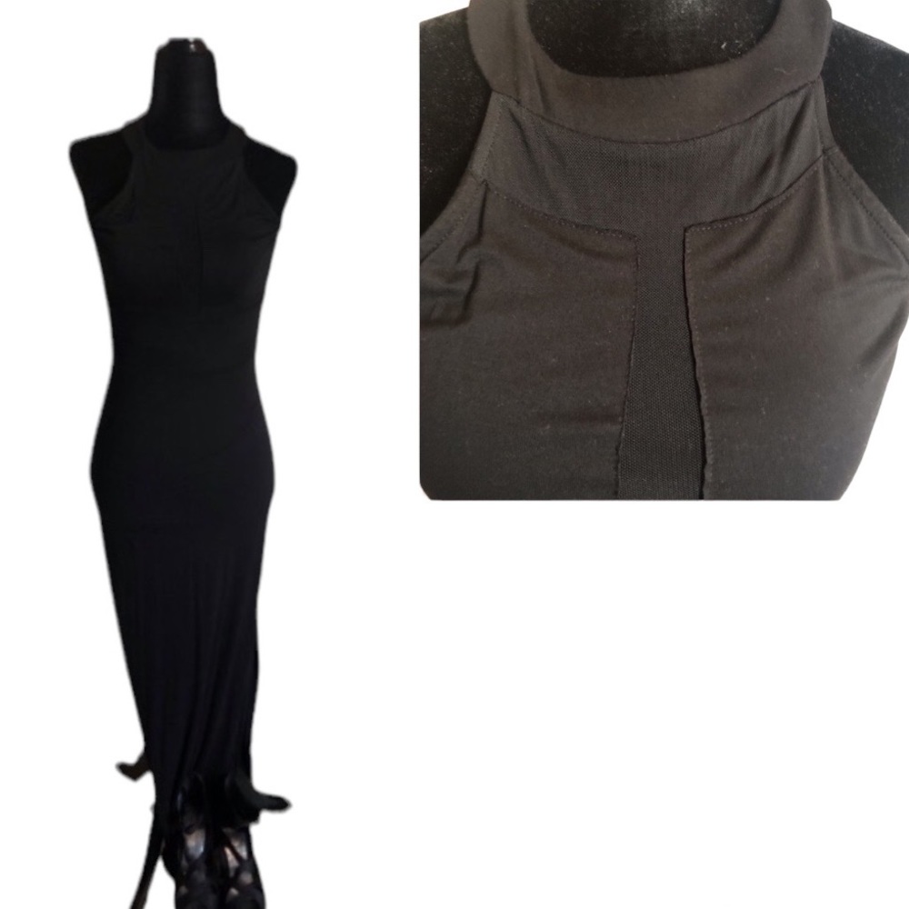 CHICO long black dress with mess on upper front of dress size small